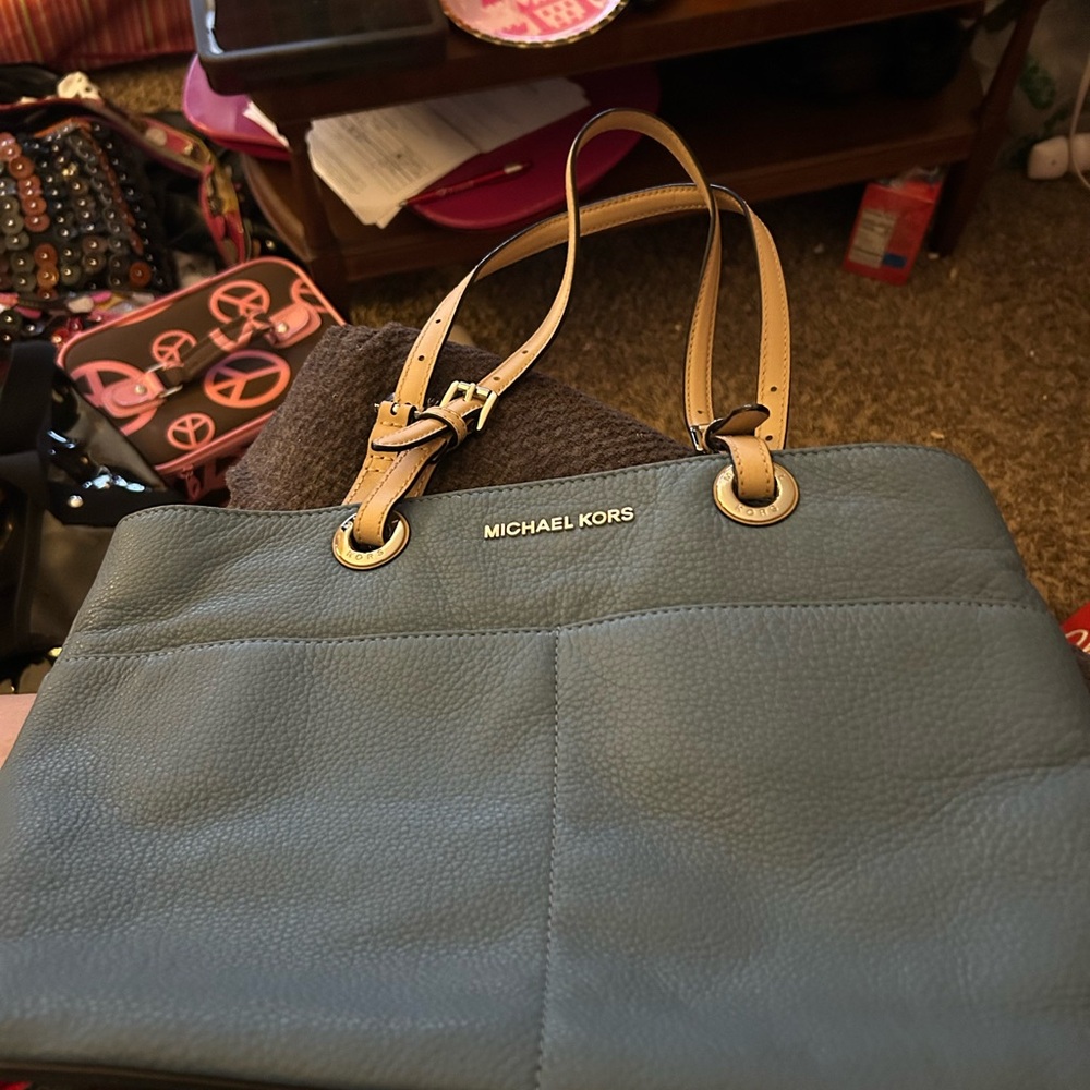 Michael Kors Slate Blue Tote with Tan Straps